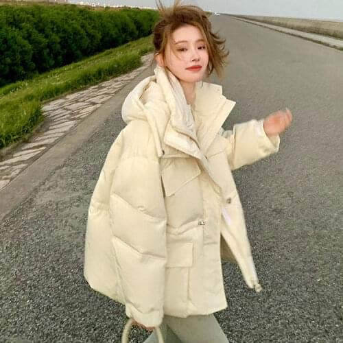 Women 2021 Winter Fashion Loose White Duck Down Coats Female Solid Color Hooded Jackets Ladies Mid-long Warm Overcoats R270