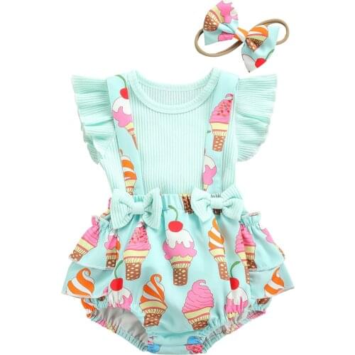 2Pcs Baby Girls Summer Outfits Fly Sleeve Rib Knit Tops + Bow Suspender Skirt Set Children Sweet Clothes