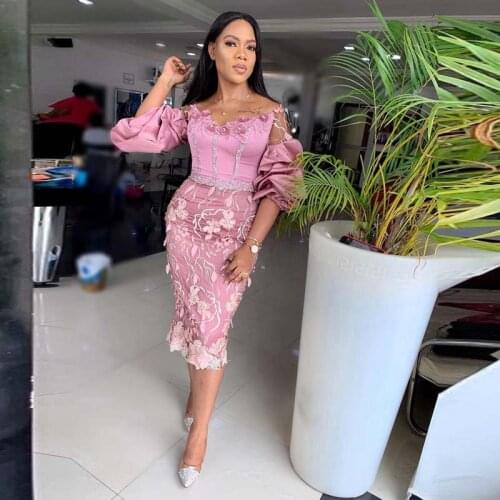 Arabic Pink Mermaid Prom Dresses With Half Sleeves Knee Length African Women Evening Gowns Aso Ebi Gowns Floral 3D Flowers