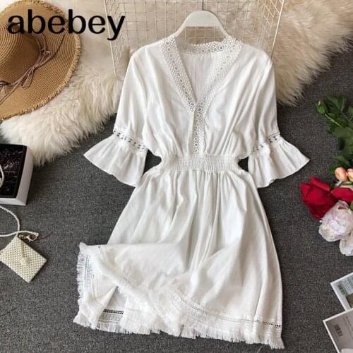 Bohemian Dresses Hippie Boho White Dress Women Deep V Neck Dress 2020 Linen Summer Robe Femme Tassel Vestidos Sexy Beach Clothes