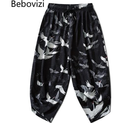 Bebovizi Vintage Japanese Kimono Pants Harajuku Crane Trousers Asian Clothes Mens Clothing Traditional Thin Harem Loose Pants