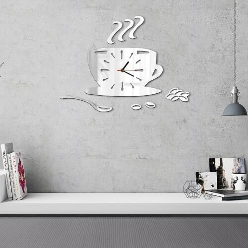 Coffee Cup Cafe Shop Modern Wall Art DIY Wall Clock Coffee Beans Acrylic Mirror Effect Hanging Clock Watch Coffee House Decor