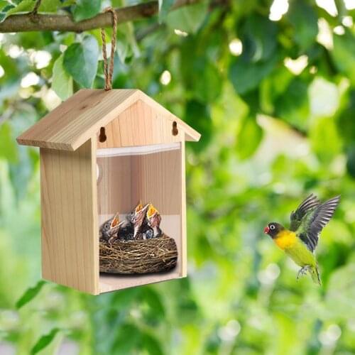 Wood Bird Nests Outdoor Suction Cup Visible Bird Home Garden Window Birdhouse Wild Birds Feed Dispenser Food Container House 1PC