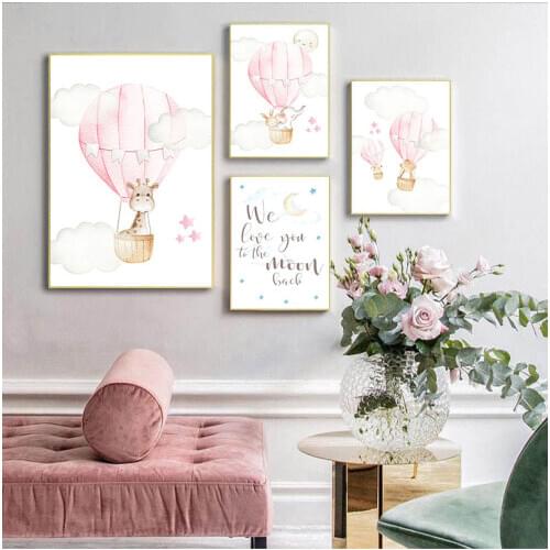 Child Blue Balloon Animal Giraffe Wall Art Canvas Nursery Quotes Print Nordic Kid Bedroom Decoration Picture Painting