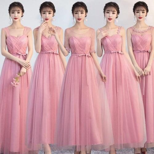 Elegant Bridesmaid Dresses Bean Paste Powder A-line Wedding Elegant Mesh Ankle-length Party Women Robe De Cocktail 2336