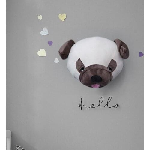 Ins Nordic Style 3D Animals Head Plush Toys Wall Mount Bulldog Akitas Kids Girl Room Decor Doll Stuffed Toys Wall Hanging Decor