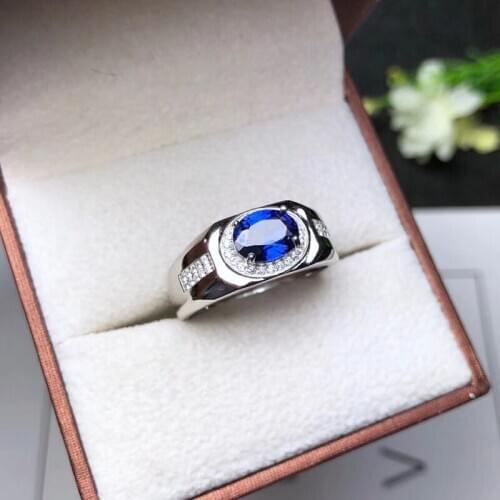 Delicate 1.55Ct Natural Sapphire S925 Silver Rings for Men 6*8mm Fine Jewelry Real BlueGemstone Hot Sale Classic Men Party Gifts