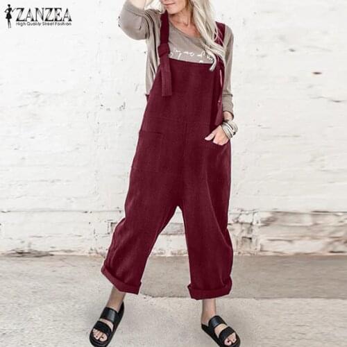 ZANZEA Vintage Women Solid Long Overalls Jumpsuits Summer Cotton Linen Rompers Casual Loose Suspender Plus Size 5XL Playsuits