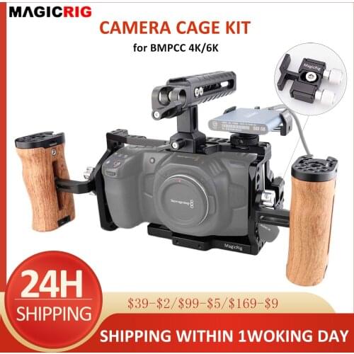 MAGICRIG BMPCC 4K /6K Camera Cage with NATO Handle & Adjustable Wooden Handle & T5 SSD Card Mount Clamp, for BMPCC 4K /6K Camera