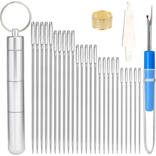 MIUSIE Stainless Steel Large Eye Needles Cross Stitching Needles With Threader And Thimble Sewing Accessories For Hand Sewing