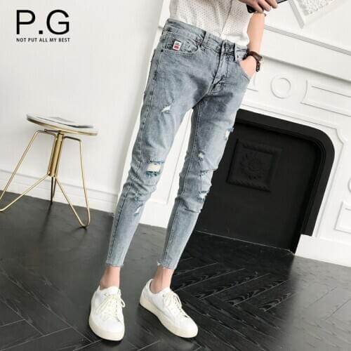 Summer 2020 teenagers Denim Jeans Mens Ripped Cropped Pants Korean Style Trendy Pants Mens Slim All-match Beggar pencil Pants