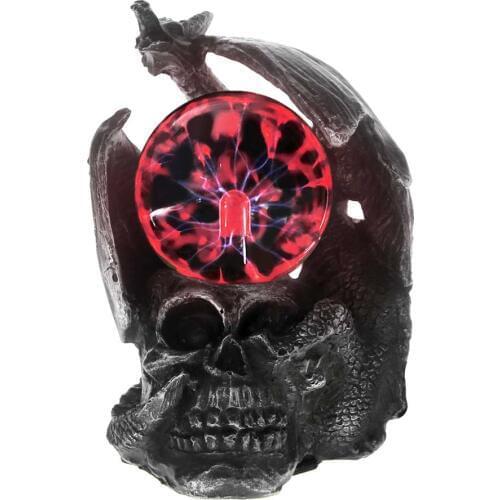 Mysticism Gothic Dragon On A Skull Head Statue With Electric Glass Plasma Ball Magic Lightning Skull Figurine Dragon Ornament