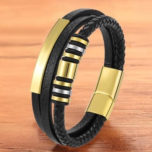 Trendy Fashion Rope Bradied Charms Black Leather Men Bralcelets Gold Magnet Stainless Steel Accessories Jewelry Bangles Male