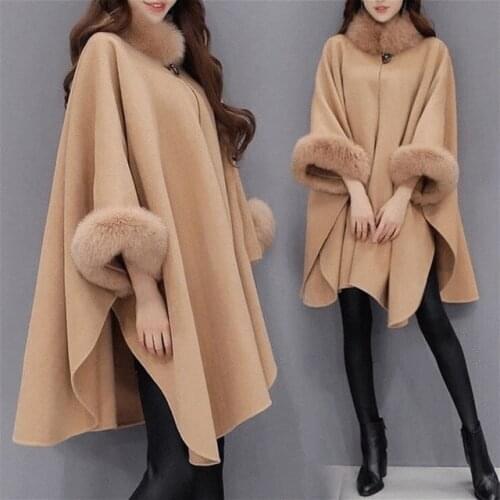 New Winter Womens Cloak Big Fur Collar Wool Coat Long Winter Jackets Parka Coats Outerwear