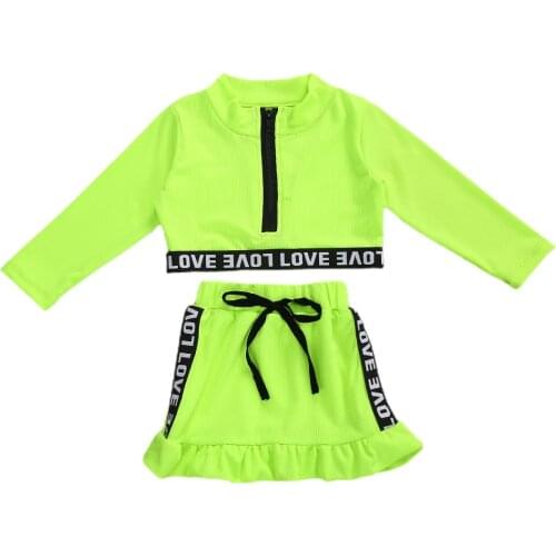 Baby Girls Autumn Sportswear Set Long Sleeve Letter Print Zipper Crop Tops+Drawstring Ruffle Skirt Kids 2Pcs Casual Outfits