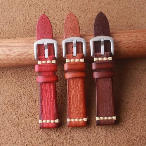 Handmade Wristband 20mm 22mm Vintage Crazy Horse Genuine Leather Strap high quality Bracelet Watch belt Thick line Strap Red new