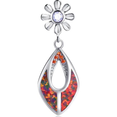 ROLILASON Flower Design orange Crystal orange Fire Opal Silver Stamped Necklace Pendants Fashion Jewelry OPS725