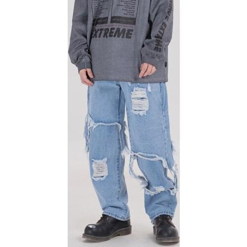 Irregular Holes Wide-leg Ripped Jeans Men and Women Loose Straight Hip-hop Denim Trousers Harajuku Streetwear Jeans Pants
