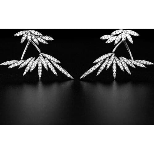 Zlxgirl jewelry Elegant Feather Shape White Gold Earrings Full Mirco paved Zirconia stud Jewelry Party Dubai Earrings for Women