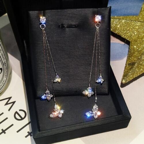 1Pair Gold/Silver Color Butterfly Crystal Tassel Earrings Long Eardrop Dangle Earrings Women Pendientes Jewelry Accessories