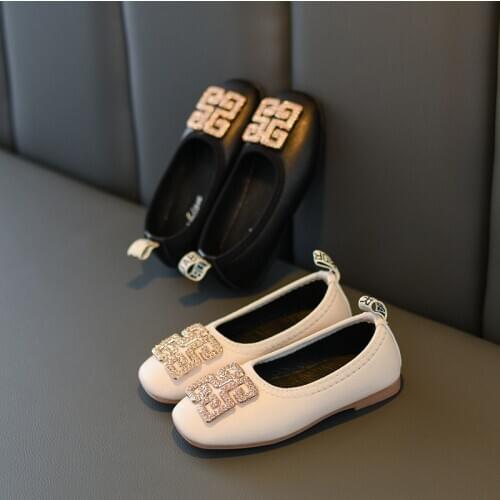 JY Children Pu Bling Rhinestone Shoes Girls Flat Bean Casual Princess 26-36 Black &Beige TB02