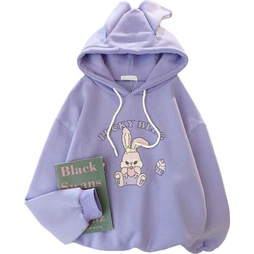 Zuolunouba new Autumn Winter Plus Velvet Thick Hoodie Loose College Style Casual Cartoon Alphabet Long Sleeve Women Pullover