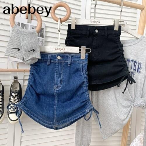 Korean versatile solid color Shorts drawstring bandage high waist pleated A-line denim wrap Skirt 2021 New Summer Women
