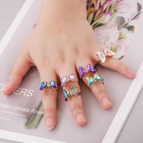 Gradient Butterfly Rings Blue Green Purple for Women Glass Metal Finger Jewelry Women Fashion Accessories 2021 Summer NEW