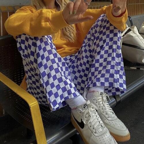 Womens Straight Leg Pants Trendy Checkerboard Print High Waist Full Length Lounge Pants Japanese Korean College Style