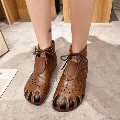 Ethnic Style PU Leather Womens Sandals Womens Shoes Flat-heel Sandals Hollow Womens Sandals Fashion Shoes Womens Sandals