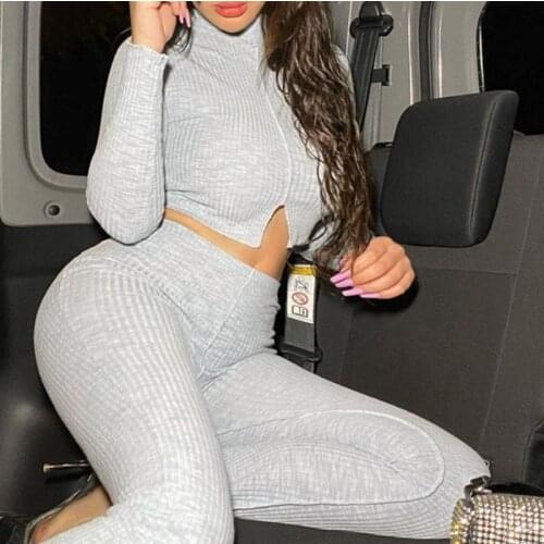 2021 New Knitted Rib Tracksuit Women Sexy Two Piece Set Jogging Femme Casual O Neck Slit Crop Top + Flare Pants Outfits Clubwear