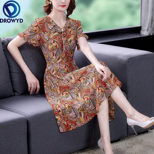 Women Boho Midi Dress Summer 2021 New Fashion Office Lady Floral Print Short Sleeve Chiffon O-Neck Orange Dresses Party Vestidos