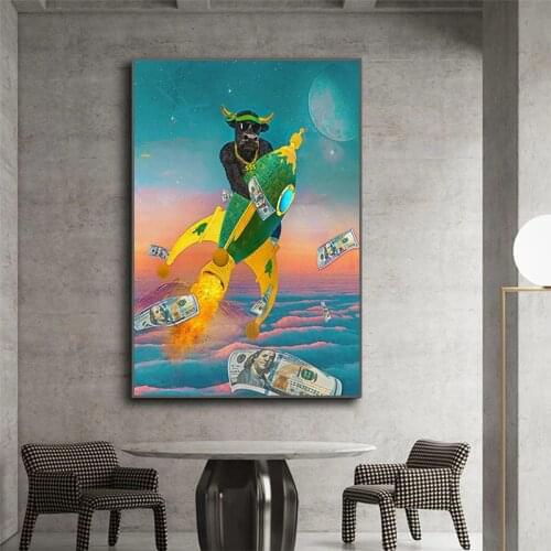 Animals Graffiti Cattle Bear Boxing Canvas Prints Paintings Bull Money To The Moon Art Wall Pictures for Living Room Home Decor