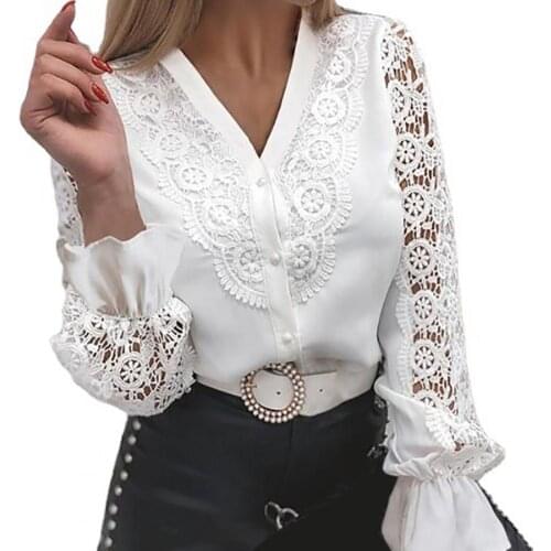 Spring Summer Women Shirt Long Sleeve Hollow Out Top Single-breasted Lace Patchwork Blouse for Office Lady