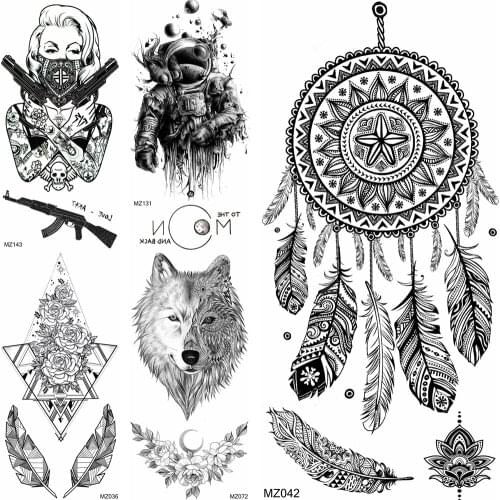 Black Dreamcatcher Temporary Tattoos Sticker Geometric Mandala Flower Fake Gangster Wolf Tattoo For Adult Fashion Body Art Tatoo