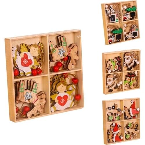 12pcs Christmas Wooden Pendant Santa Claus Snowman Xmas Tree Hanging Ornaments New Year Gift Christmas Decoration for Home 2022