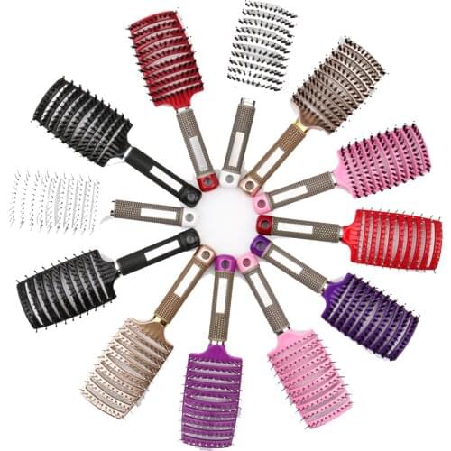 Curved Boar Bristle Hair Brush Professional Detangling Hairbrush Head Massage Comb Hairdressing Styling Comb for Women Men