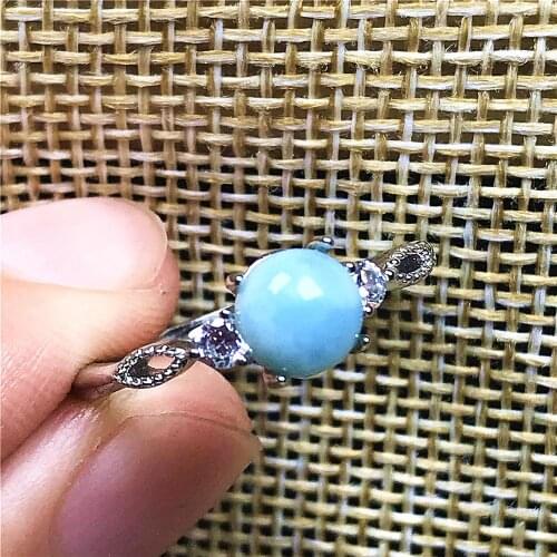 6mm 100% Natural Blue Larimar Ring Jewelry For Woman Lady Man Silver Beads Dominica Water Pattern Gemstone Adjustable Ring AAAAA