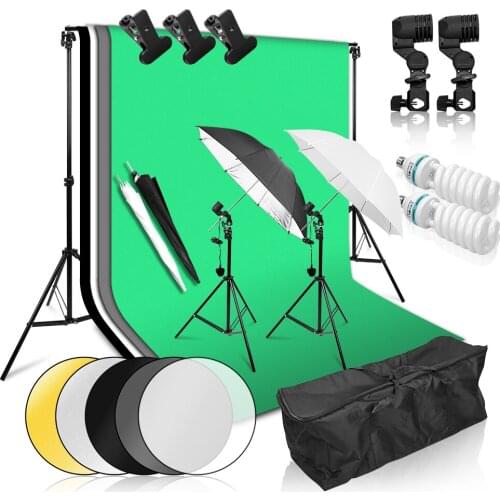 Photo Studio Umbrella Continuous Lighting Kit 2x3M Background Support System White Black Green Backdrops 5 in 1 Reflector Panel