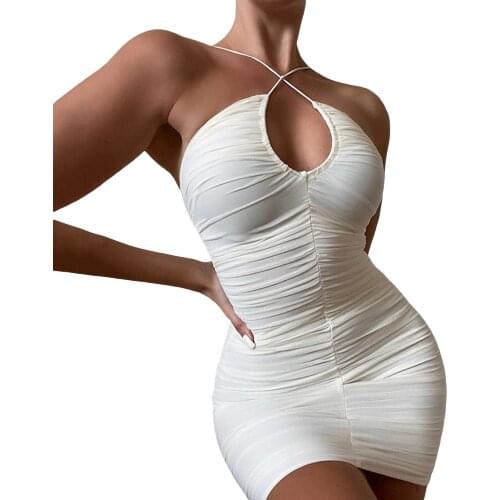 Fashion Women’s Sexy Cross Bodycon Slim Halter Skinny Dress Solid Color Hollow Boat Neck Backless Party Short Dress