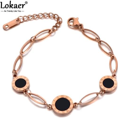 Lokaer Trendy Black Acrylic Roman Numerals Charm Bracelet Bangle For Women Stainless Steel Link Chain Bohemia Bracelets B19124