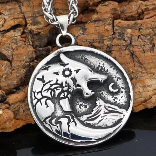 Men Viking Stainless steel Wolf Yggdrasil Raven Helm Of Awe Wolf Necklace with Valknut gift bag