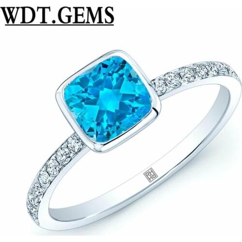 10k White Gold Bezel Set Cushion Swiss Blue Topaz Diamond Ring Cocktail Natural