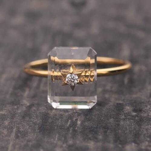 Original diamond-studded rectangle unique opening adjustable ring transparent geometric elegant high-end retro ladies jewelry