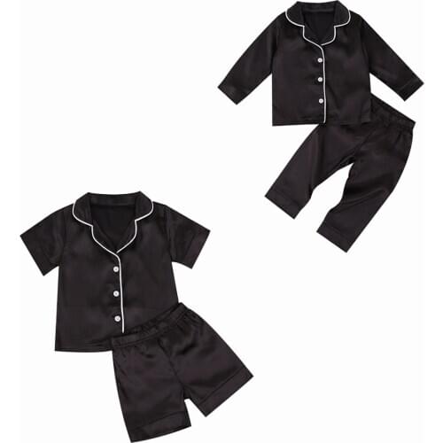 Toddler Baby Kid Girl Boy Summer Autumn Black Satin Pajamas Short/Long Sleeve Short/Long Pants Sleepwear Casual Set 2-7Years