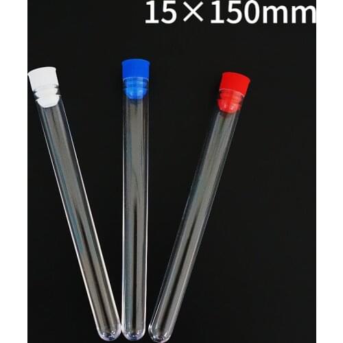 50pcs/lot 15x150mm Plastic Test Tubes Transparent PC Material Labware With Red/Blue/White Plug Caps