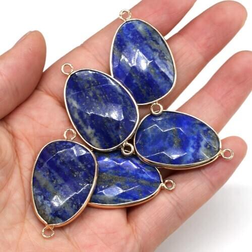 Natural Stone Lapis Lazuli Pendant Charms Faceted Double Hole Connector For Jewelry Making DIY Necklace Bracelet Fine Gift