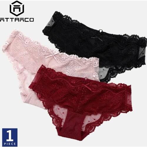 ATTRACO Underwear Panties Briefs 1 PCS Womens Thong Lace String Tanga Soft Basic Lingerie Solid Black Red Pink белье женское