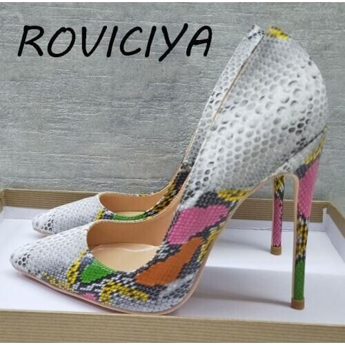 New snake color pointed toe high-heeled exquisite printing elegant single shoes 12cm high heel ladies party shoes YG005 ROVICIYA