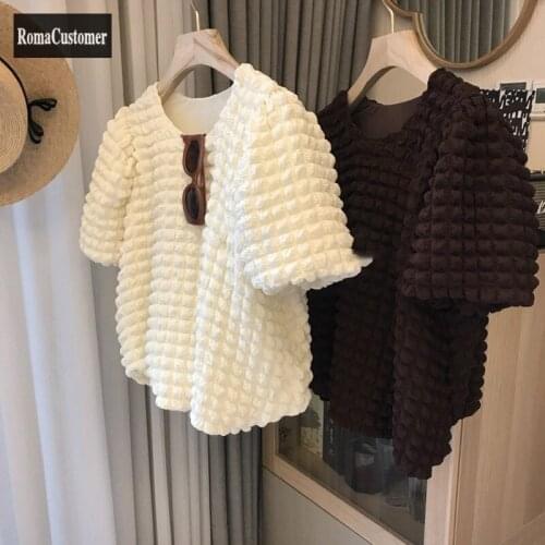 Summer 2021 New Womens Elegant Korean O-Neck Loose Short Sleeve T-Shirts Puff Sleeve Pullover Solid Straight Female Blouse